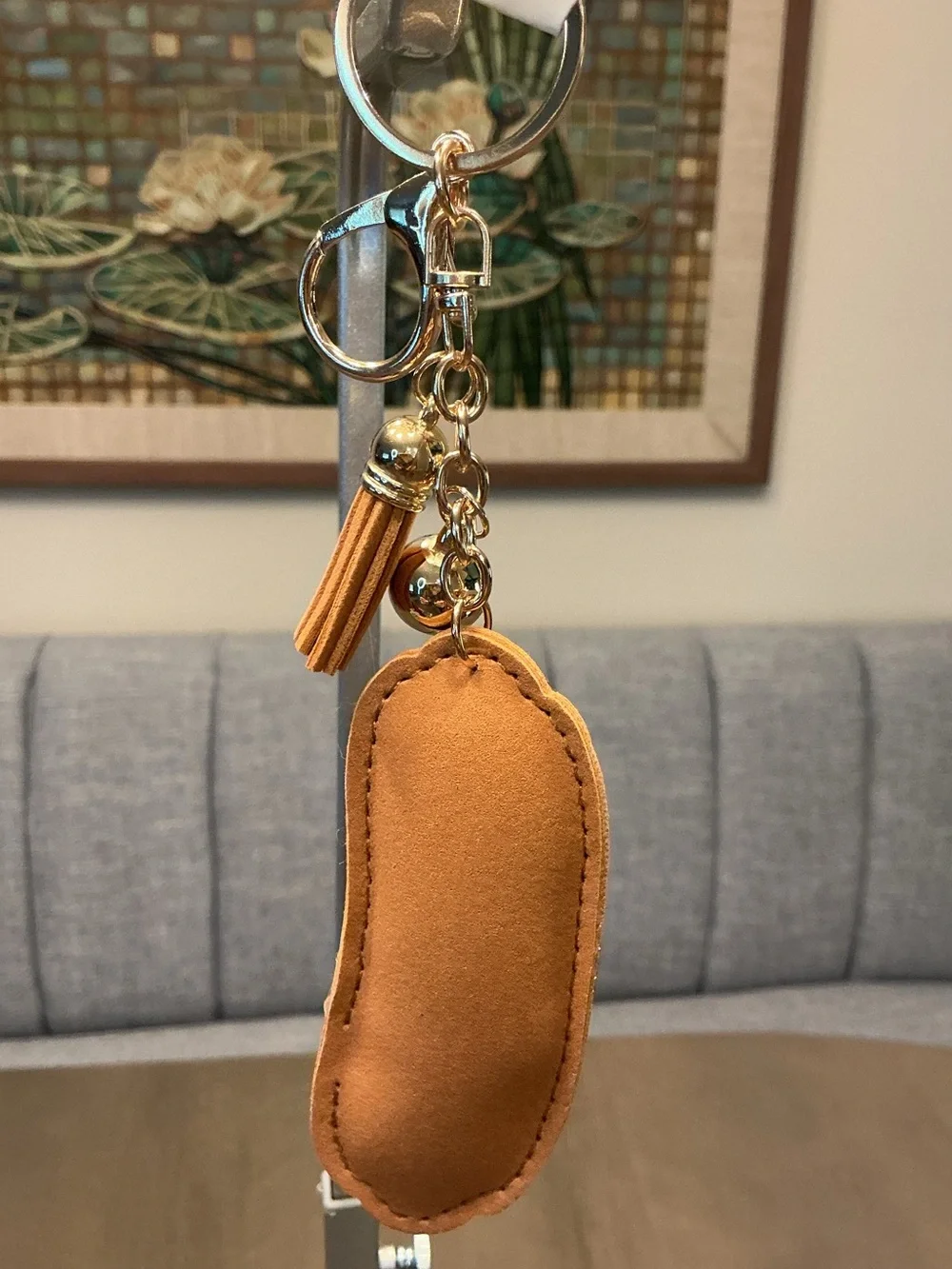 Gold-Tone Rhinestone Puffy Hot Dog Keychain with Tan Tassel
